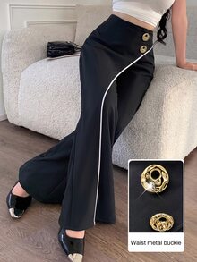 Modelyn Niche Design Black Wide Leg Pants For Women With 2 Gold Buttons Contrast Color Line Drape Suit Pants Slimming Long Pants - Black - View 5