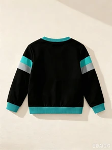 SHEIN Genkimix Kids 1件小男孩可愛恐龍印花拼接運動衫，休閒運動街頭風，適合冬季、學校、返校季、春夏，時尚舒適 - 彩色 - 查看 2