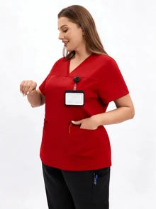 TaskEZ Plus Size Women's Nurse Scrub Uniform Top Black Renaissance Work Clothes Multi Pocket Short Sleeve V Neck Micro Stretch Jogging Wear Beautician Top - Red - View 5