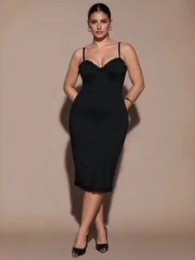 SHEIN BAE CURVE Plus Size Women Lace Patchwork Mid-Length Anti-Chafing Dress - Black - View 6