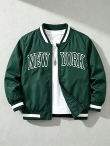 SHEIN Green Zipper Baseball Jacket, Ribbed Contrast Striped Collar, NEW YORK Letter Print, Woven Lightweight, Spring/Autumn - Dark Green - View 1