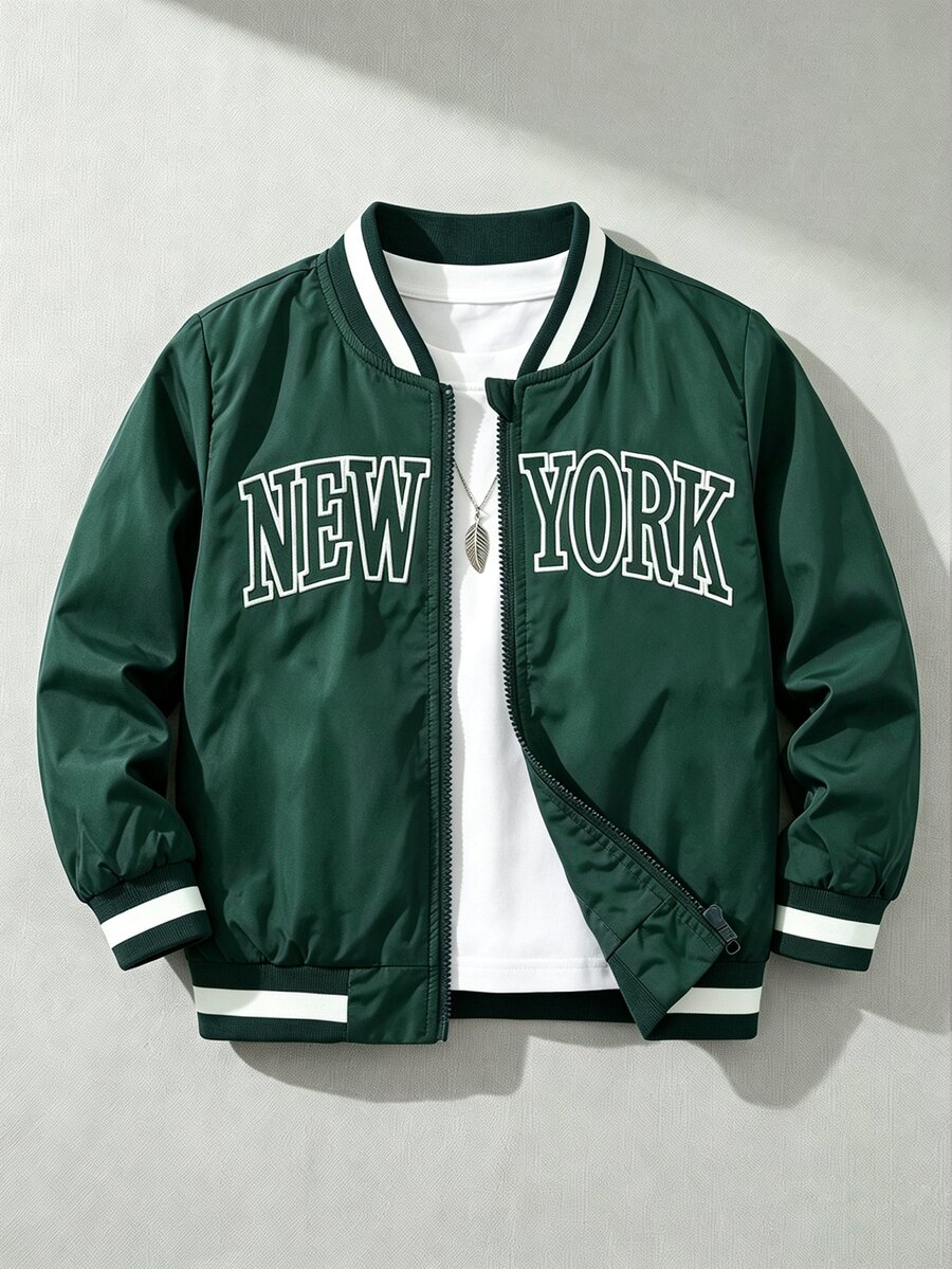SHEIN Green Zipper Baseball Jacket, Ribbed Contrast Striped Collar, NEW YORK Letter Print, Woven Lightweight, Spring/Autumn - Dark Green - View 1