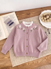 SHEIN 女童針織刺繡拼色立領休閒秋季開襟衫 - 藕粉色 - 查看 5