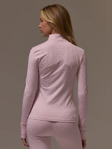 Musera Sport Polka Dot Zip Through Panelled Fitted BBL Style Jacket Coord Jacket Cute Girly Autumn Winter Fall Gym Holiday Dainty Ice - Pink - View 4