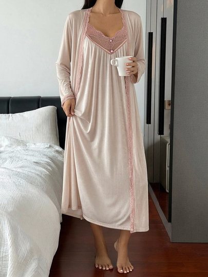 DAZY 2pcs/Set Lace Patchwork Spaghetti Strap Long Dress & Long Cardigan Robe Women's Sleepwear Set