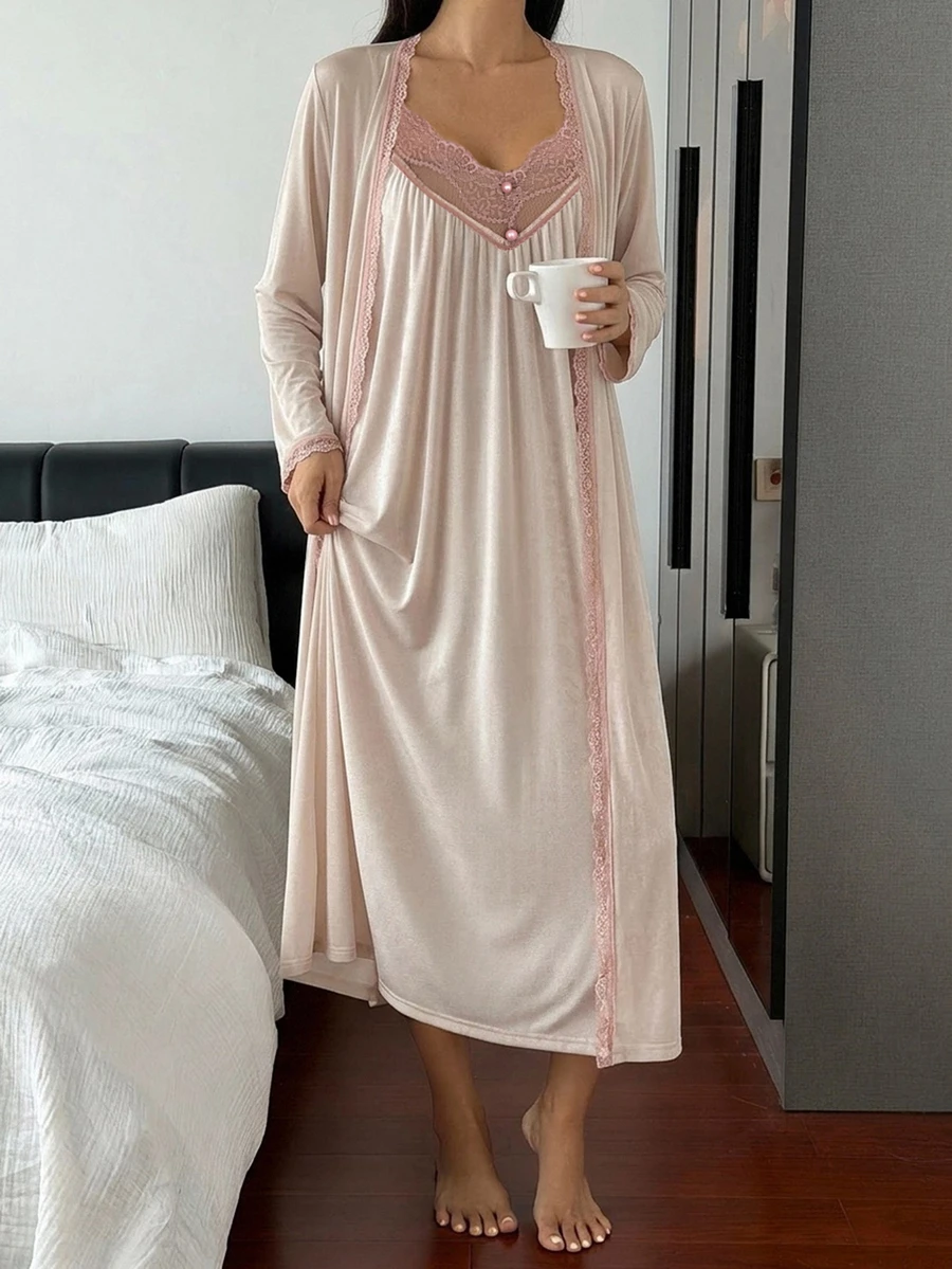 DAZY 2pcs/Set Lace Patchwork Spaghetti Strap Long Dress & Long Cardigan Robe Women's Sleepwear Set - Pink - View 1