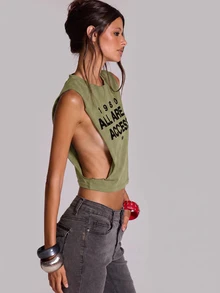 MUSERA 白色圖案印花無袖背心上衣 夏季秋季 外出穿搭 音樂節酷女孩 Furiosa 風格 - 軍綠色 - 查看 3