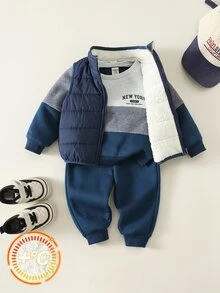 SHEIN 男嬰/幼兒 3件組秋冬保暖內裡加厚休閒可愛拼色拼接衛衣套裝，保暖內裡背心填充外套，嬰兒冬季套裝，刷毛加厚 - 藏蓝色 - 查看 5