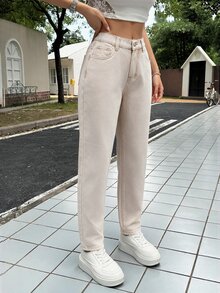 SHEIN PETITE 女款休閒日常旅行牛仔褲，附口袋與鈕扣設計 - 卡其色 - 查看 6