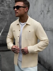 Manfinity CasualCool 2026春夏男士奶油米色紋理針織襯衫外套，靜奢風與復古工裝風格翻領 - 杏色 - 查看 6