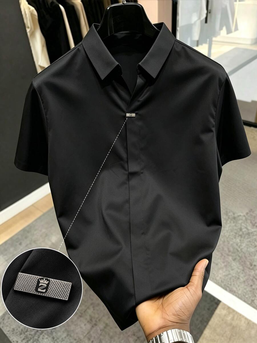Manfinity Homme Men's Plus Size Casual Cool Summer Black Short Sleeve Polo Shirt, Seamless Fit Design, Suitable For Commuting Wear - Black - View 1
