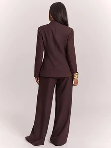 SHEIN BAE Setelan Kasual Wanita Lengan Panjang dan Celana Warna Polos - Coklat - View 2