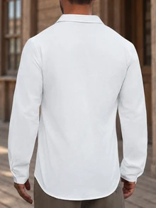 DREXORIN Men's Solid Color Long Sleeve Utility Pocket Casual Shirt - White - View 4
