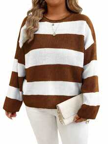 EMERY ROSE Plus Size Women's Striped Drop Shoulder Crew Neck Casual Pullover Sweater - Camel - View 3