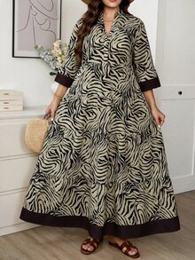 Comfylo 大尺碼女款缺口V領滿版印花休閒派對洋裝 秋季 - 彩色 - 查看 4