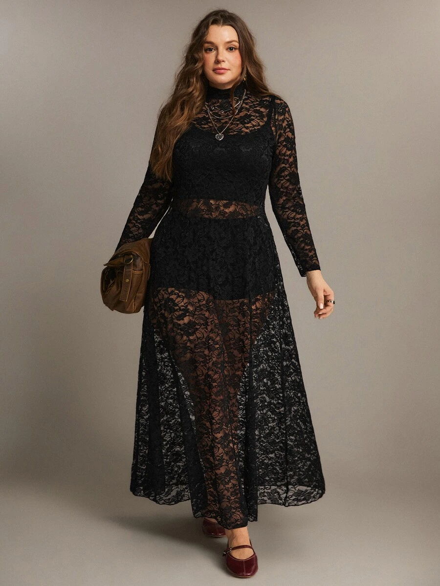 Freevana Plus Size Women's Stand Collar Long Sleeve Lace Elegant Dress - Black - View 1