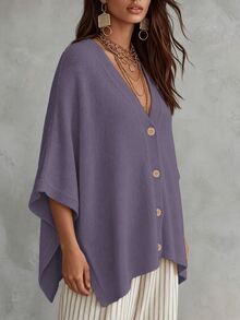 Linhara CURVE Plus Size Women Solid Color Knit Shawl Cardigan V-Neck Metal Button Suitable For Daily Casual Traditional Office Semi Formal Vacation Autumn Beige - Purple - View 4