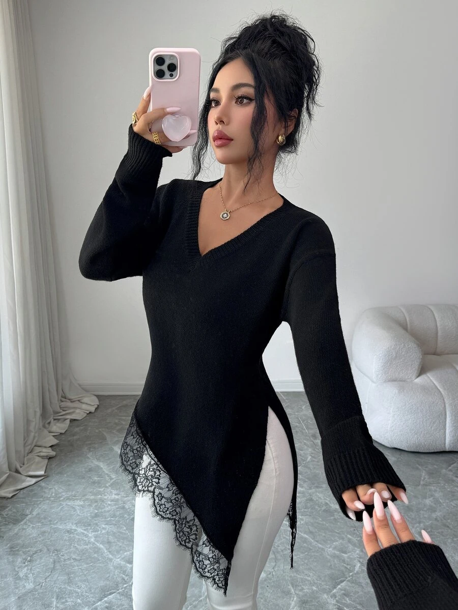 Elenzga Women's Solid Color V-Neck Asymmetrical Lace Patchwork Knit Loose Slimming Slanted Hem Mid-Length Gentle Slouchy Sweater - Black - View 1