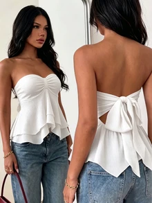 Glamine 性感浪漫優雅辣妹修身細肩帶無袖法式風百搭高級甜辣抹胸上衣 度假奶油白夏季款 - 白色 - 查看 2