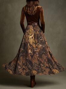 Freevana 2 In 1 Velvet Maxi Dress With Paisley Skirt, Boho Layered High-Waist Long Sleeve For Autumn - Brown - View 2