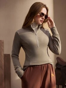 Nima Coro Fashionable Women's Slim Fit Half-Zip Sports Top, Autumn/Winter - Mocha Brown - View 7