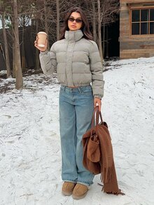 SHEIN EZwear 女款格紋長袖拉鍊休閒冬季夾克 - 咖啡棕 - 查看 6