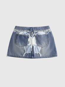 ROMWE Women's Butterfly Lace Y2K Denim Skirt - Multicolor - View 1