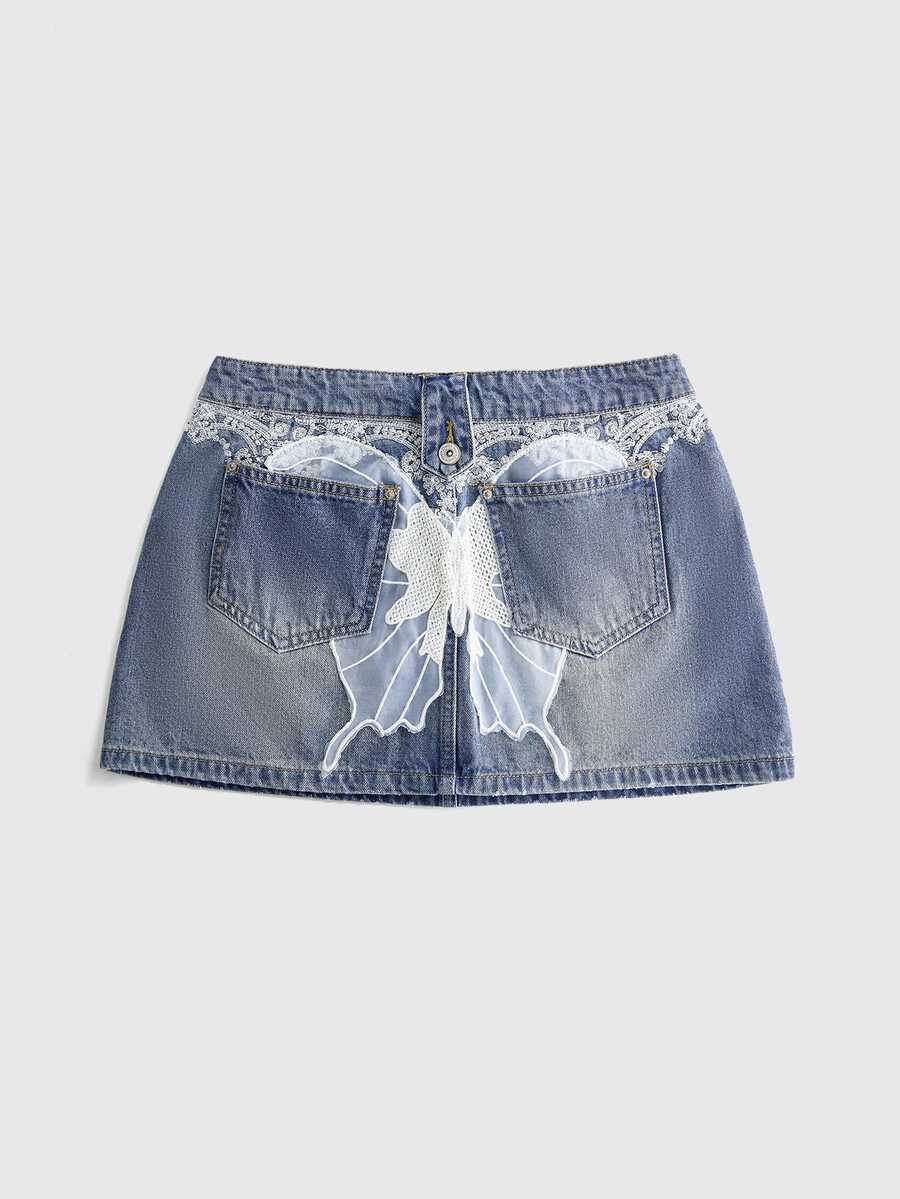 ROMWE Women's Butterfly Lace Y2K Denim Skirt - Multicolor - View 1