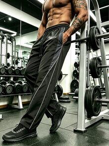 GymBeat Men's Letter Print Drawstring Waist Pocket Sports Long Pants - Black - View 4