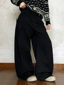 DAZY Women's Washed Loose Fit Jeans With Eyelet Studs And Back Pocket Design - Black - View 2