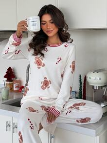 ZzzCrew Christmas Gingerbread Man Print Ribbed Contrast Patchwork Long Sleeve Pants Pajama Set - Beige - View 1