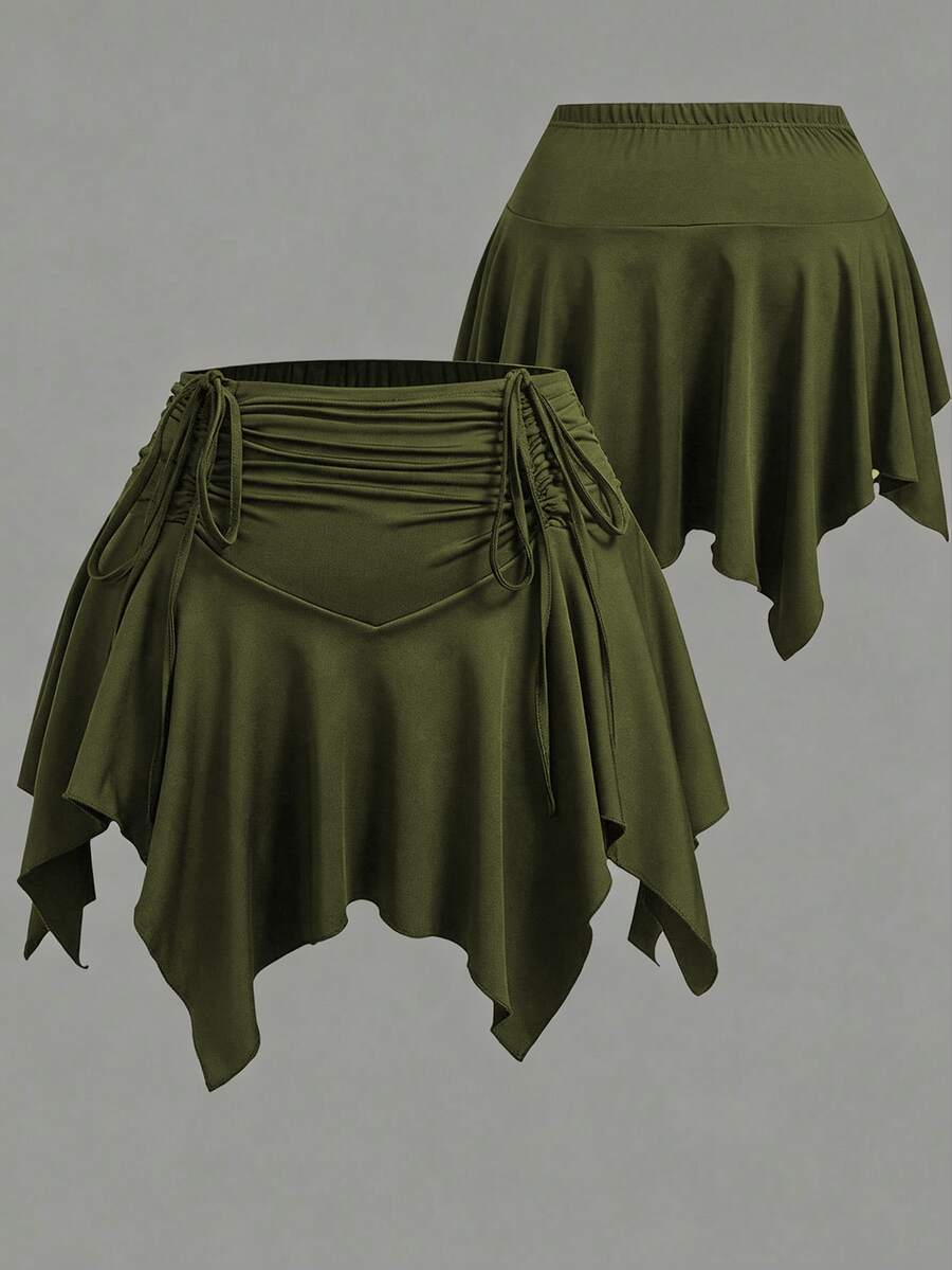 Sweetra CURVE Skort i plus size med elastisk midja, dragsko fram och asymmetrisk fåll - Armé Grön - Visa 1