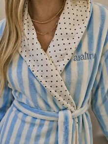 Aralina Women's Sleepwear Fall Winter Reversible Cute Soft Brushed Textured Stripe Fabric With Contrast Polk - Blue and White - View 1