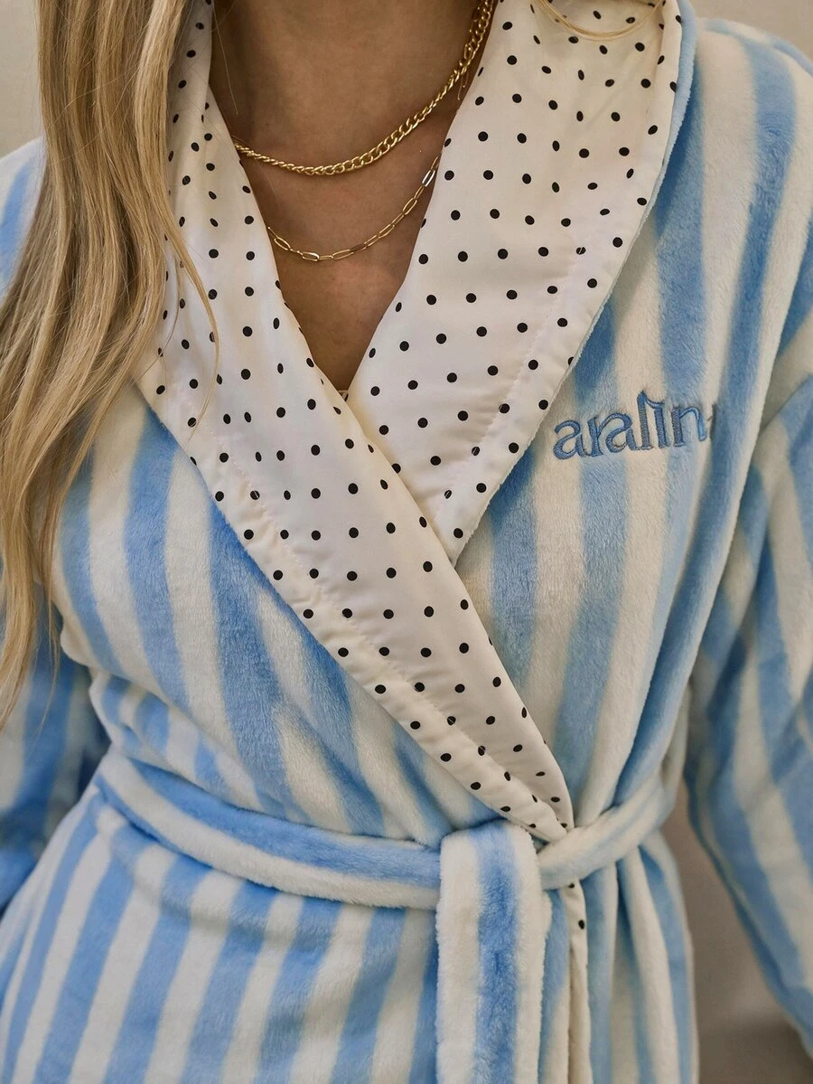 Aralina Women's Sleepwear Fall Winter Reversible Cute Soft Brushed Textured Stripe Fabric With Contrast Polk - Blue and White - View 1