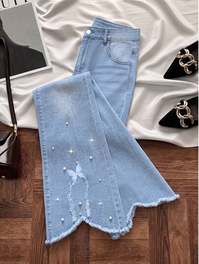 GlowEve Women's Casual Everyday Denim Jeans With Pocket, Button And Faux Pearl Decor