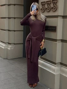 Aloruh Women's Solid Color Round Neck Long Sleeve Waist Knot Slim Fit Elegant Knit Dress - Brown - View 5