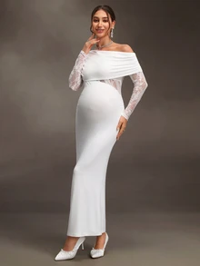Cheriluna Maternity Maternity White Knit Contrast Lace Elegant Dress For Photography - White - View 1