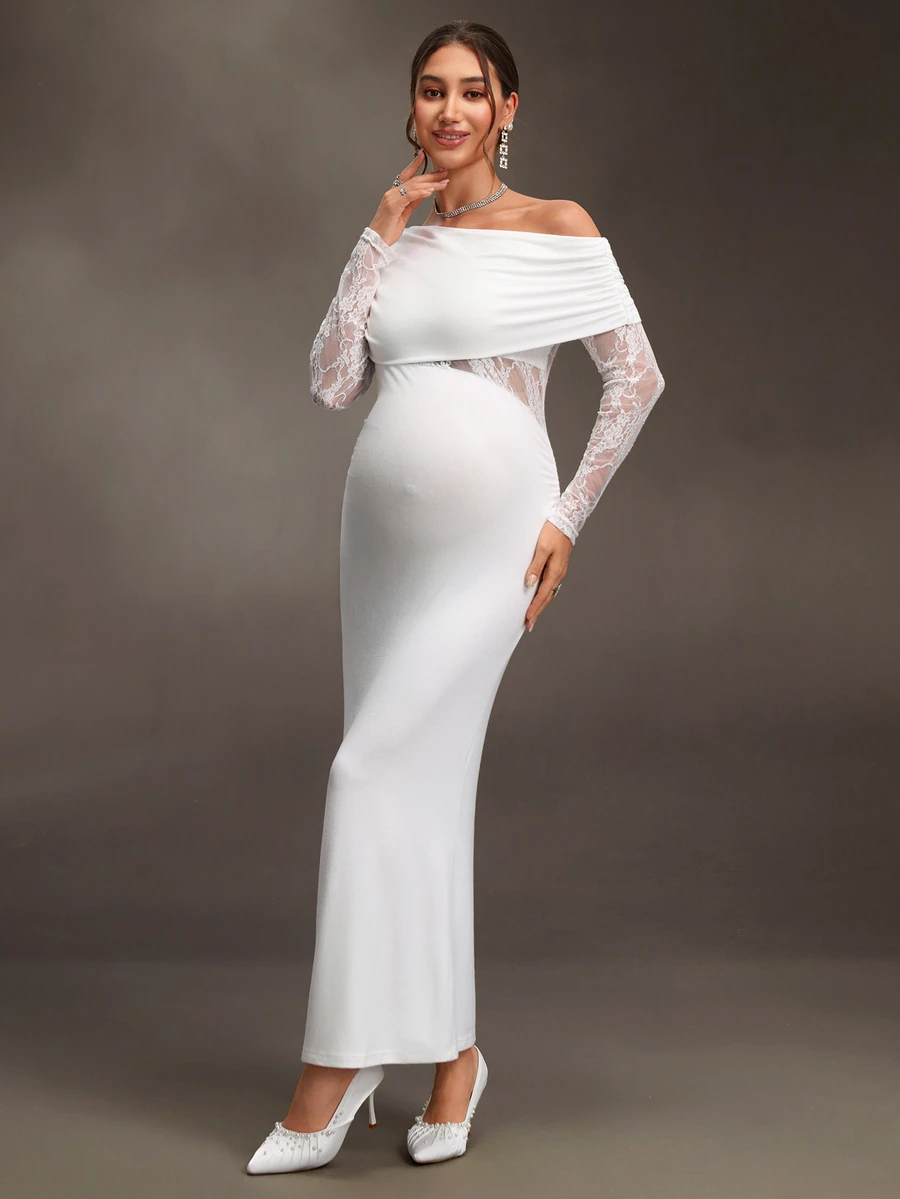 Cheriluna Maternity Maternity White Knit Contrast Lace Elegant Dress For Photography - White - View 1