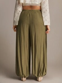 Freevana Plus Size Women's Vintage Elegant Olive Green Loose Flare Pants - Olive Green - View 2