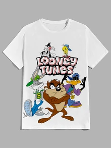 LOONEY TUNES X SHEIN Daypath 男士字母卡通印花圓領短袖休閒T恤 - 白色 - 查看 4
