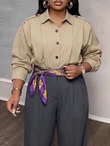 Slaydiva Plus Size Women's Shirt Jacket, Khaki Stand Collar Epaulet Plus Size Utility Shacket - Khaki - View 9