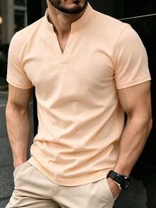 Manfinity Homme 男士純色休閒百搭日常短袖 Polo 衫 - 卡其色 - 查看 3