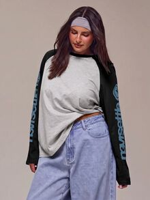 MUSERA 大尺碼白色與藍色對比長袖上衣 冬季秋季休閒上衣 日常穿搭舒適酷感 - 彩色 - 查看 5