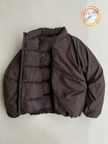 SHEIN Teen Boy Solid Color Long Sleeve Zip-Up Casual Winter Jacket - Coffee Brown - View 2