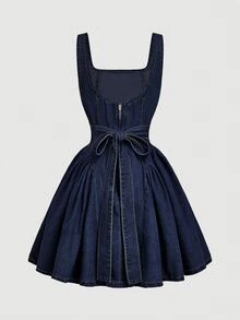 SHEIN Tall Women's Pleated Casual Everyday Summer Denim Dress - Blue - View 2