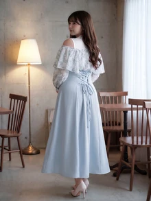 Bijouette Japanese Style Fresh Floral Plus Size Cold Shoulder Dress, Double Layer Ruffle Cut-Out Shoulder Design, Gentle And Slimming, Back Tie Waist Design To Shape Body, Flattering For Figures To Hide Belly And Hips, Light Blue Solid Color Full Skirt With Soft Drape, Suitable For Daily Wear, Dating, Travel And Commuting, Skin-Friendly And Comfortable Long Dress For Girls - Blue and White - View 2