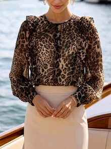 EMERY ROSE Plus Size Women's Autumn Round Neck Sheer Leopard Print Frill Trim Long Sleeve Casual Versatile Commute Date Outfit Blouse Simple Elegant Shirt - Multicolor - View 6