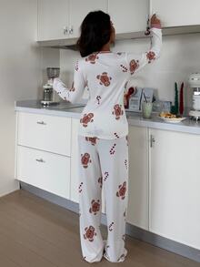 ZzzCrew Christmas Gingerbread Man Print Ribbed Contrast Patchwork Long Sleeve Pants Pajama Set - Beige - View 3