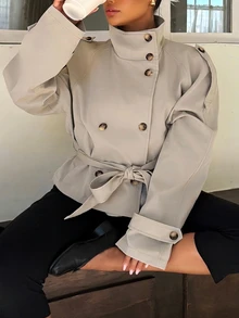 Muchica Plus Size Women Solid Color Waist Tie Casual Versatile Trench Coat Jacket - Khaki - View 3