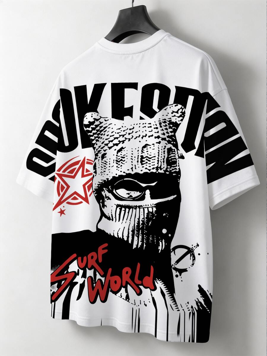 Manfinity EMRG Men's Street Portrait Letter Print Short Sleeve T-Shirt, Hip-Hop Style Masked Man Graphic Short Sleeve Tee, Summer, Streetwear Ready - White - View 1
